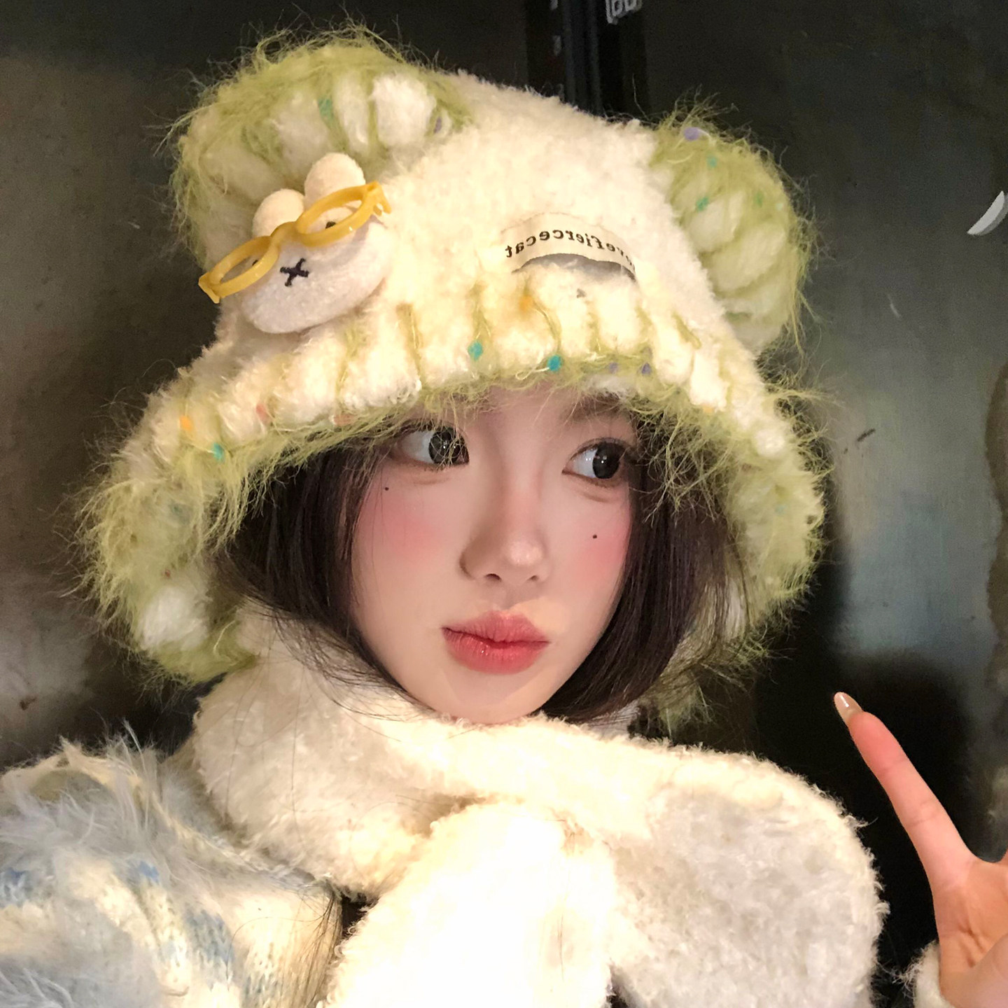 可爱眼镜兔小熊毛绒帽女冬大头围加厚保暖针织帽子围巾一体两件套,服饰配件/皮带/帽子/围巾,帽子,淘宝优惠券,粉丝福利购,淘宝优惠卷