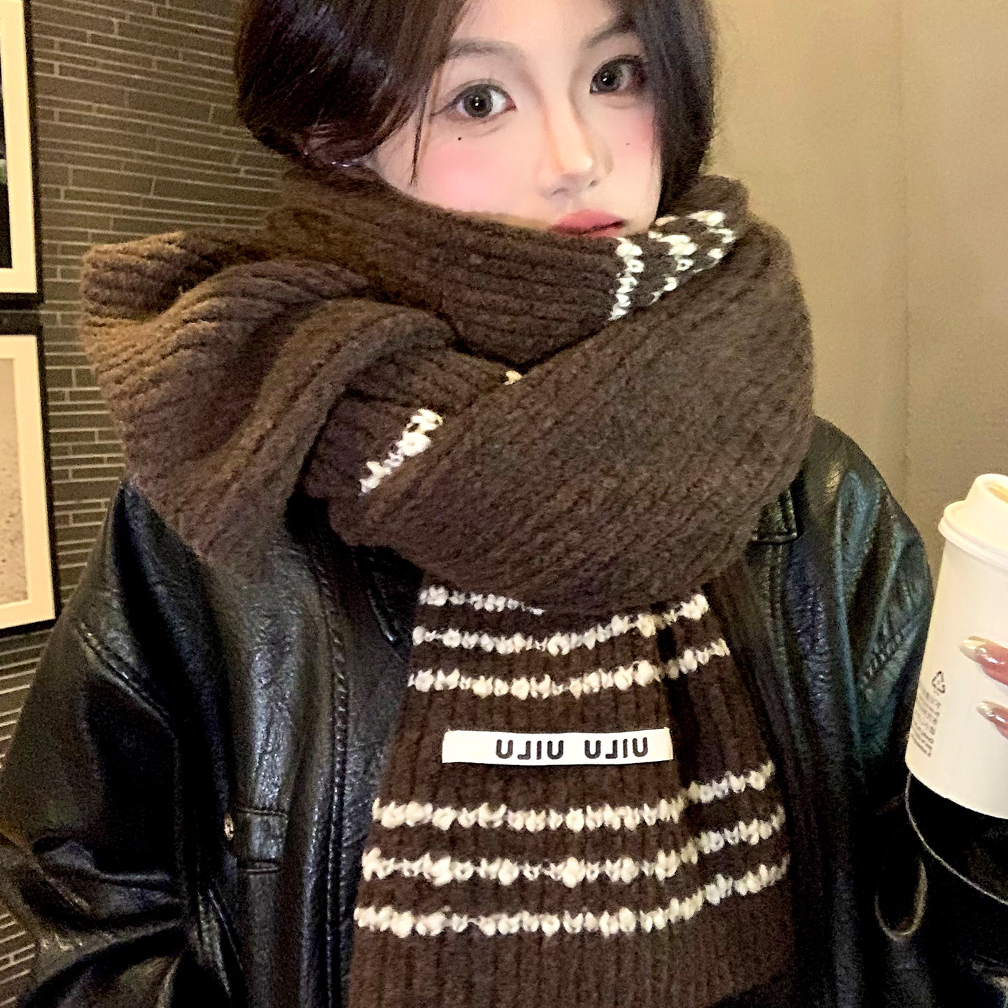 咖色条纹氛围感针织围巾女秋冬