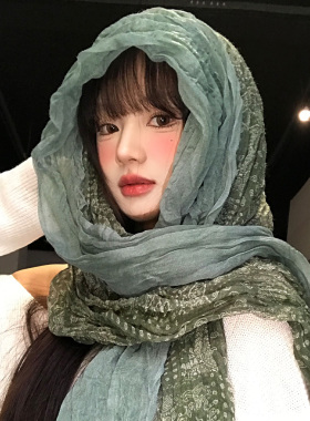 复古文艺绿色褶皱碎花丝巾女系脖氛围感外搭披肩头巾棉麻围巾护颈