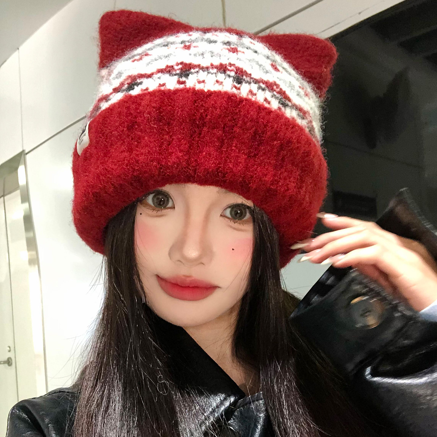 猫耳朵红色费尔岛针织帽子秋冬季