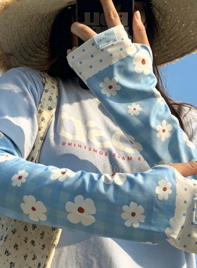 蓝色花朵冰丝防晒袖套女夏宽松户外开车骑行防紫外线遮阳透气冰袖