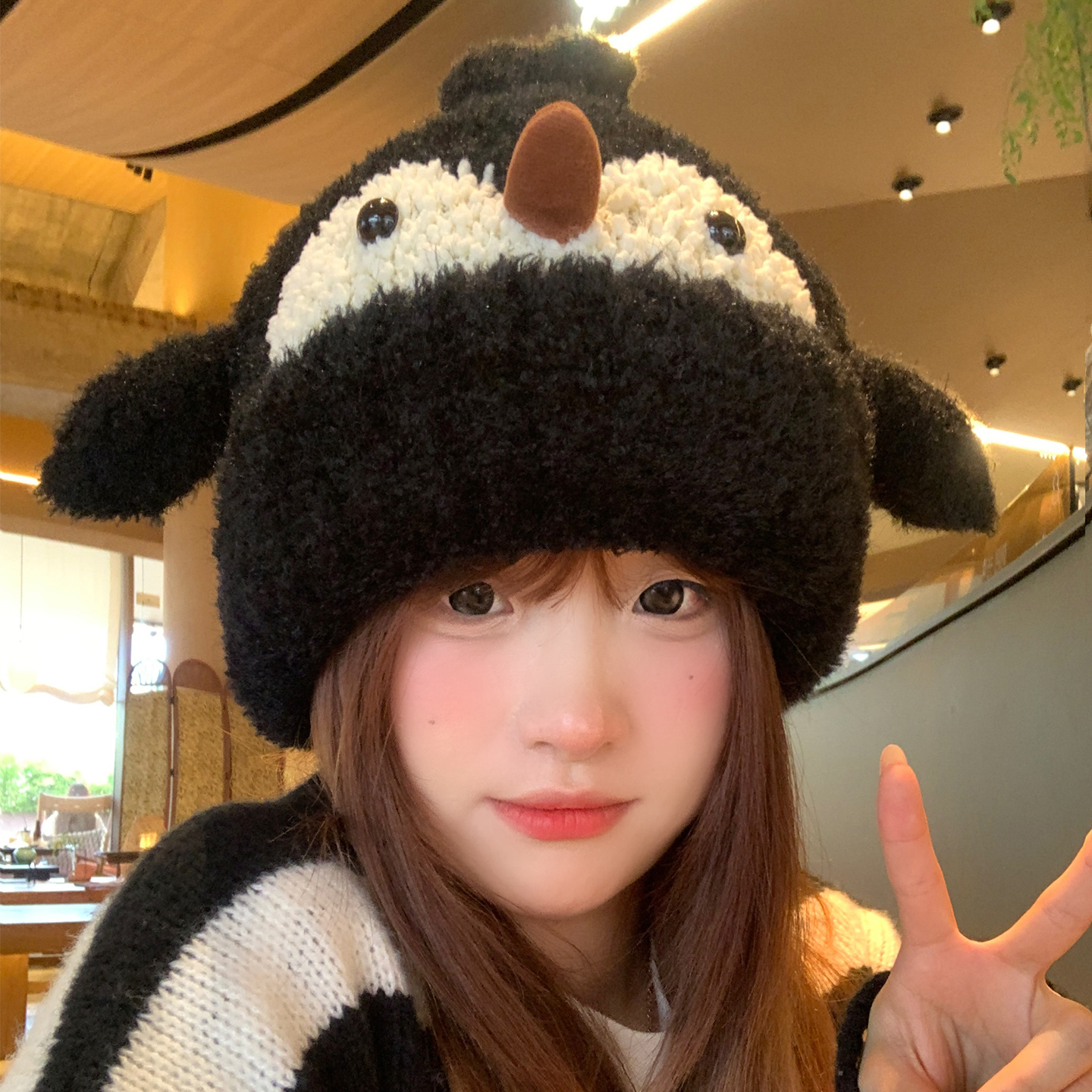 日系可爱小企鹅毛绒帽女秋冬加厚