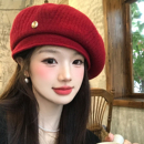 高品质新年圣诞红色针织贝雷帽女秋冬保暖显脸小百搭报童画家帽子