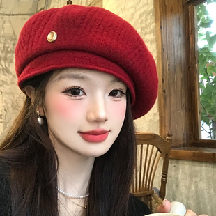 高品质新年圣诞红色针织贝雷帽女秋冬保暖显脸小百搭报童画家帽子