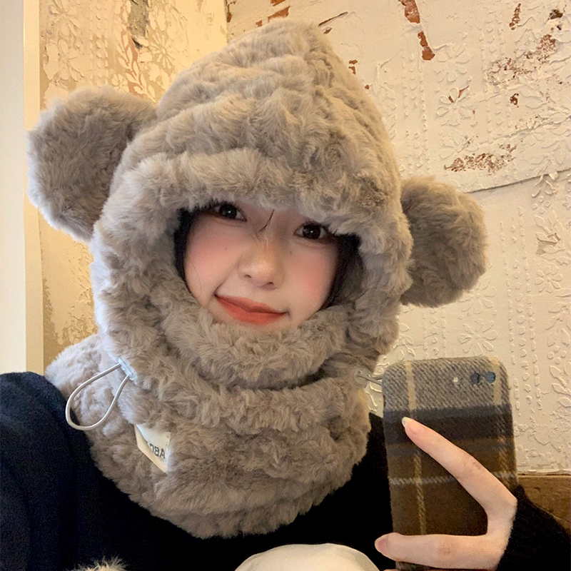可爱小熊耳朵毛绒帽女2025年冬季