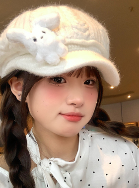 可爱小兔子白色针织毛线贝雷帽女
