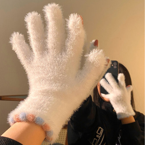 可爱小糖豆毛绒五指手套女冬季