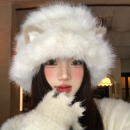 可爱猫咪耳朵毛绒渔夫帽女2025新款 冬防寒保暖针织帽子大头围盆帽