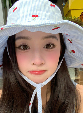 蓝色格子樱桃刺绣渔夫帽子大帽檐显脸小女夏户外防晒防紫外线盆帽
