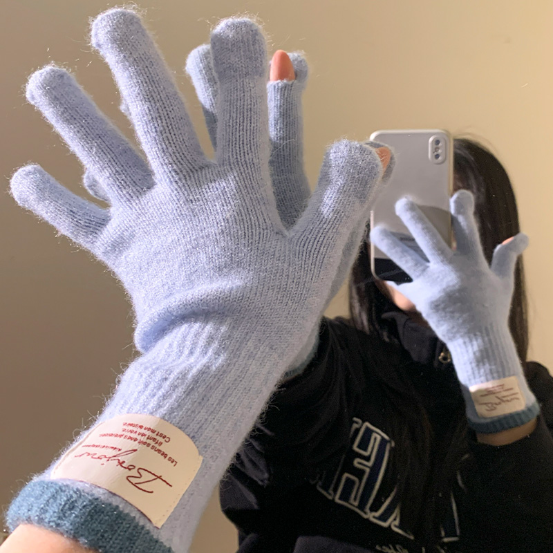 含羊毛贴布蓝色针织手套冬季女韩系长款保暖加厚分指骑行可触屏潮