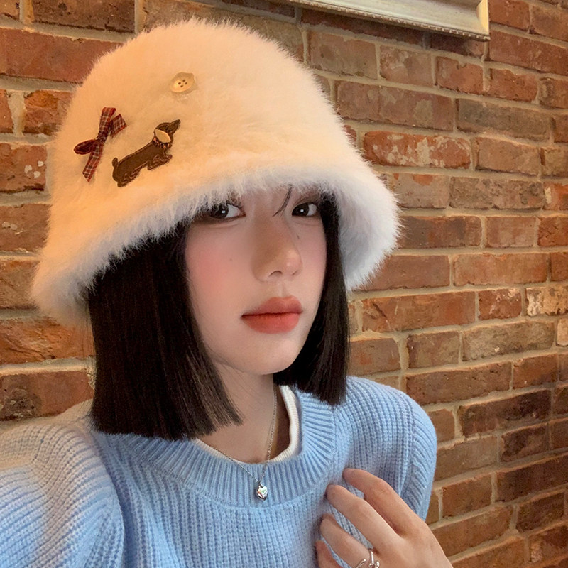 可爱小狗贴布白色毛绒渔夫帽女2025年秋冬季百搭帽子高级感盆帽潮,服饰配件/皮带/帽子/围巾,帽子,淘宝优惠券,粉丝福利购,淘宝优惠卷