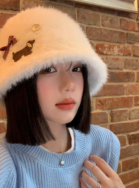 可爱小狗贴布白色毛绒渔夫帽女