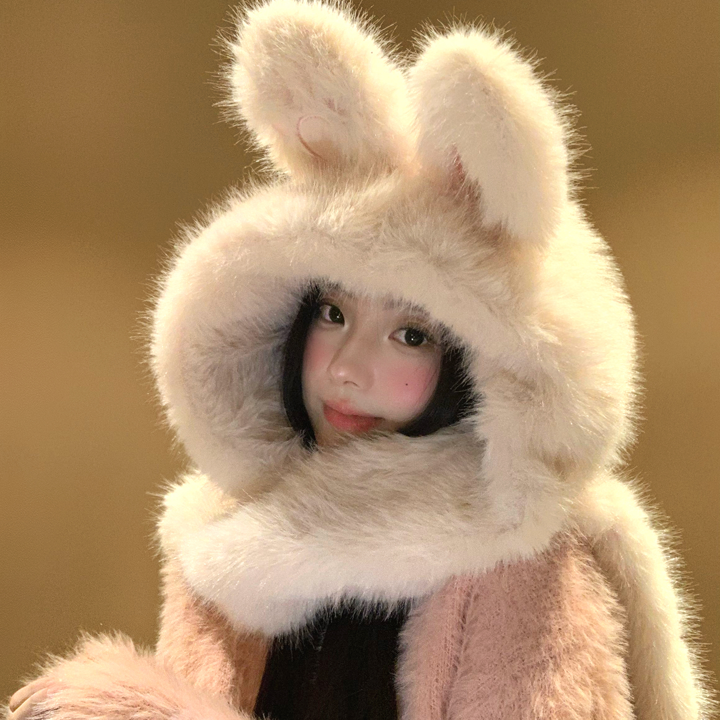 可爱兔子耳朵毛绒帽女冬加绒加厚