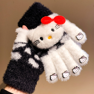 可爱Kitty猫针织毛绒分指手套女冬季 骑行防寒加厚保暖可触屏露指