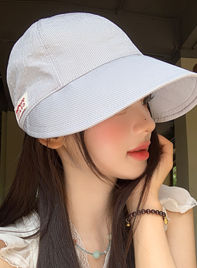 蓝色条纹鸭舌渔夫帽大帽檐显脸小大头围盆帽女夏户外遮阳防晒帽子