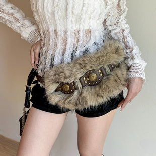 美式y2k辣妹风毛绒拼接铆钉腰带女小众复古朋克风皮带配饰腰封潮