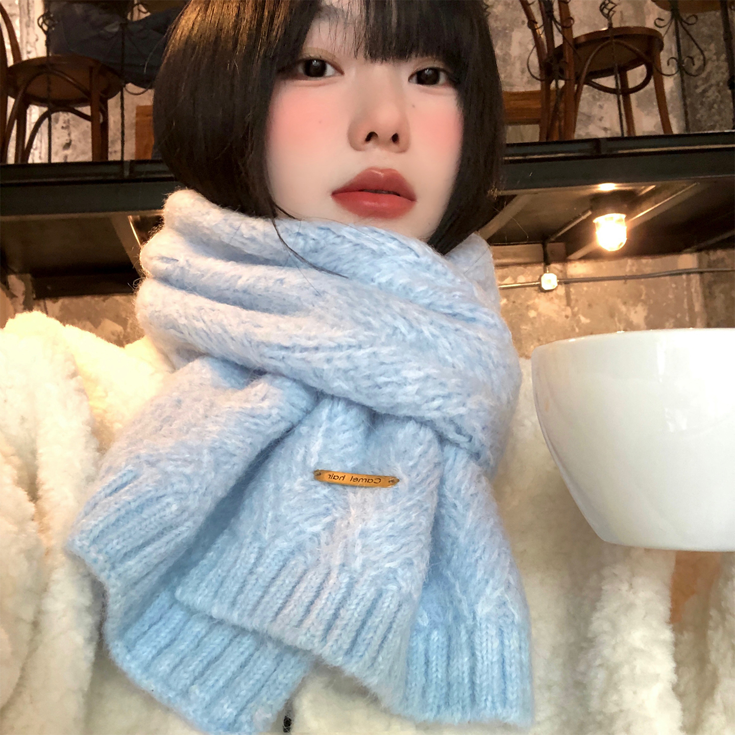 含羊毛软糯蓝色针织围巾女秋冬季