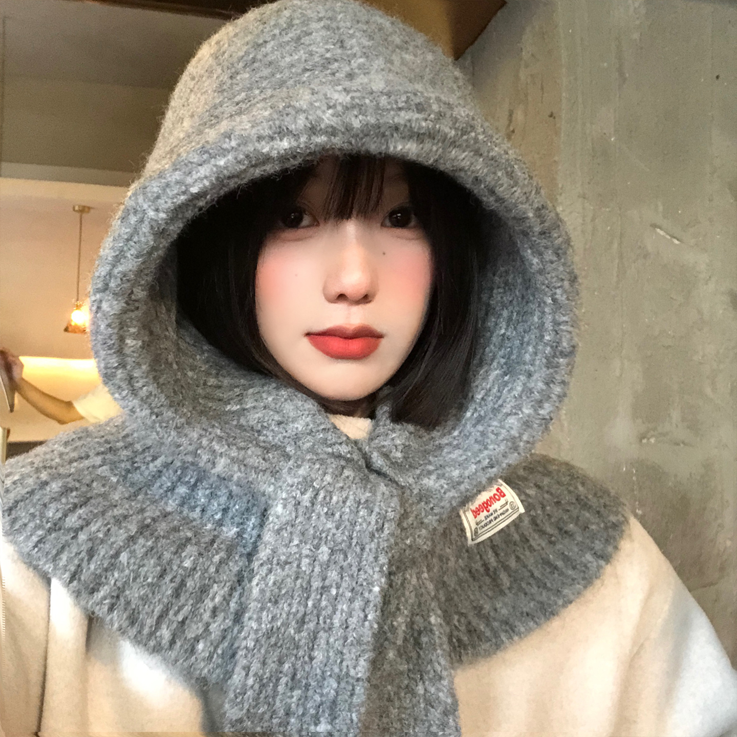 灰色巴拉克拉法帽女秋冬季针织帽