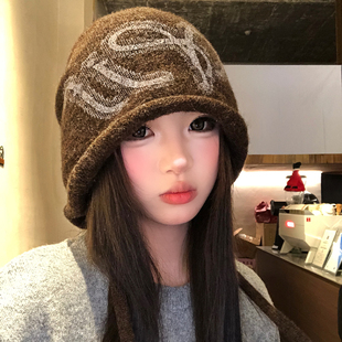 韩系复古咖色卷边针织冷帽女冬季保暖堆堆帽防寒加厚护耳包头帽子