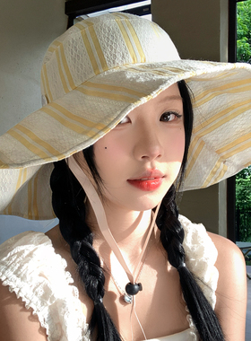 黄色条纹大帽檐渔夫帽子女清新甜美显脸小夏薄款户外遮阳防晒盆帽