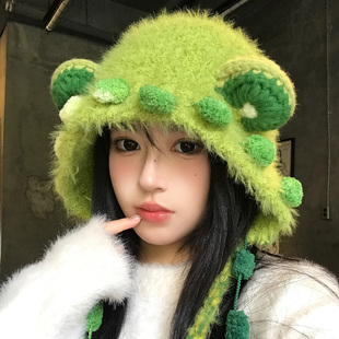 可爱搞怪绿色小熊耳朵辫子针织帽女秋冬季保暖显脸小加厚护耳帽子