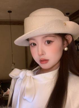赫本风毛呢白色法式礼帽女秋冬千金风名媛气质优雅高级感渔夫帽子