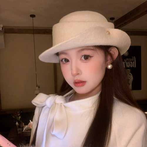 赫本风毛呢白色法式礼帽女冬千金