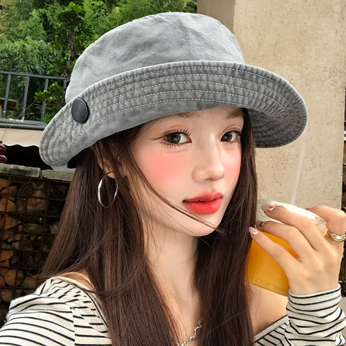 一帽两戴水洗灰翻檐牛仔渔夫帽女