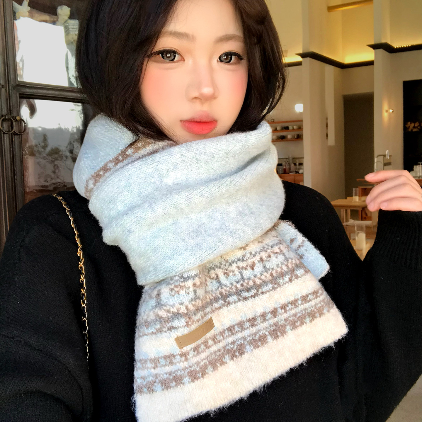 软糯费尔岛提花蓝色针织围巾女生冬季氛围感加厚保暖防寒护颈围脖,服饰配件/皮带/帽子/围巾,围巾/丝巾/披肩,淘宝优惠券,粉丝福利购,淘宝优惠卷