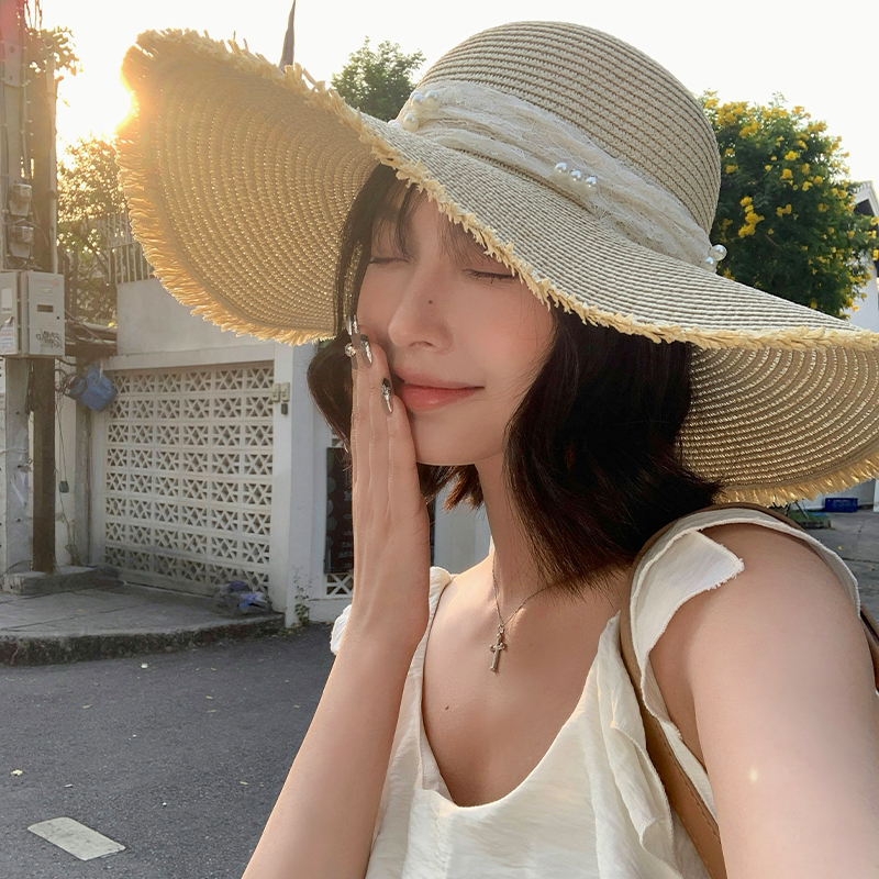 大帽檐蕾丝蝴蝶结珍珠草帽女夏季