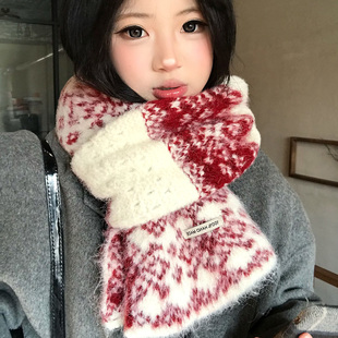 复古红白费尔岛风提花毛毛围巾女冬季加厚防寒保暖百搭氛围感围脖