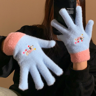 可爱腊肠狗刺绣针织手套女冬季 露指触屏加绒五指加厚防寒保暖骑行