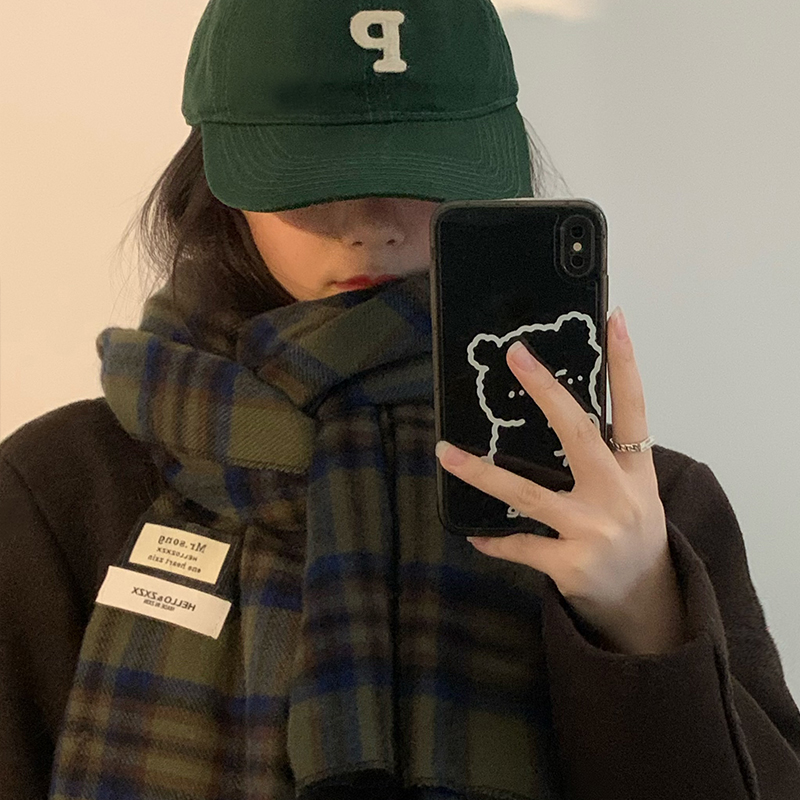 韩版ins绿色格子围巾女冬季