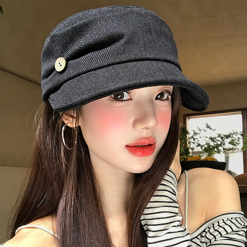复古纽扣褶皱贝雷帽女士秋季气质