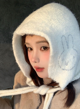 可爱白色小兔子烫钻针织包头帽女