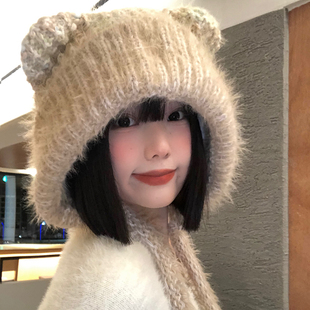 可爱软萌小熊耳朵毛绒帽子女秋冬季 保暖加厚套头帽防寒针织毛线帽