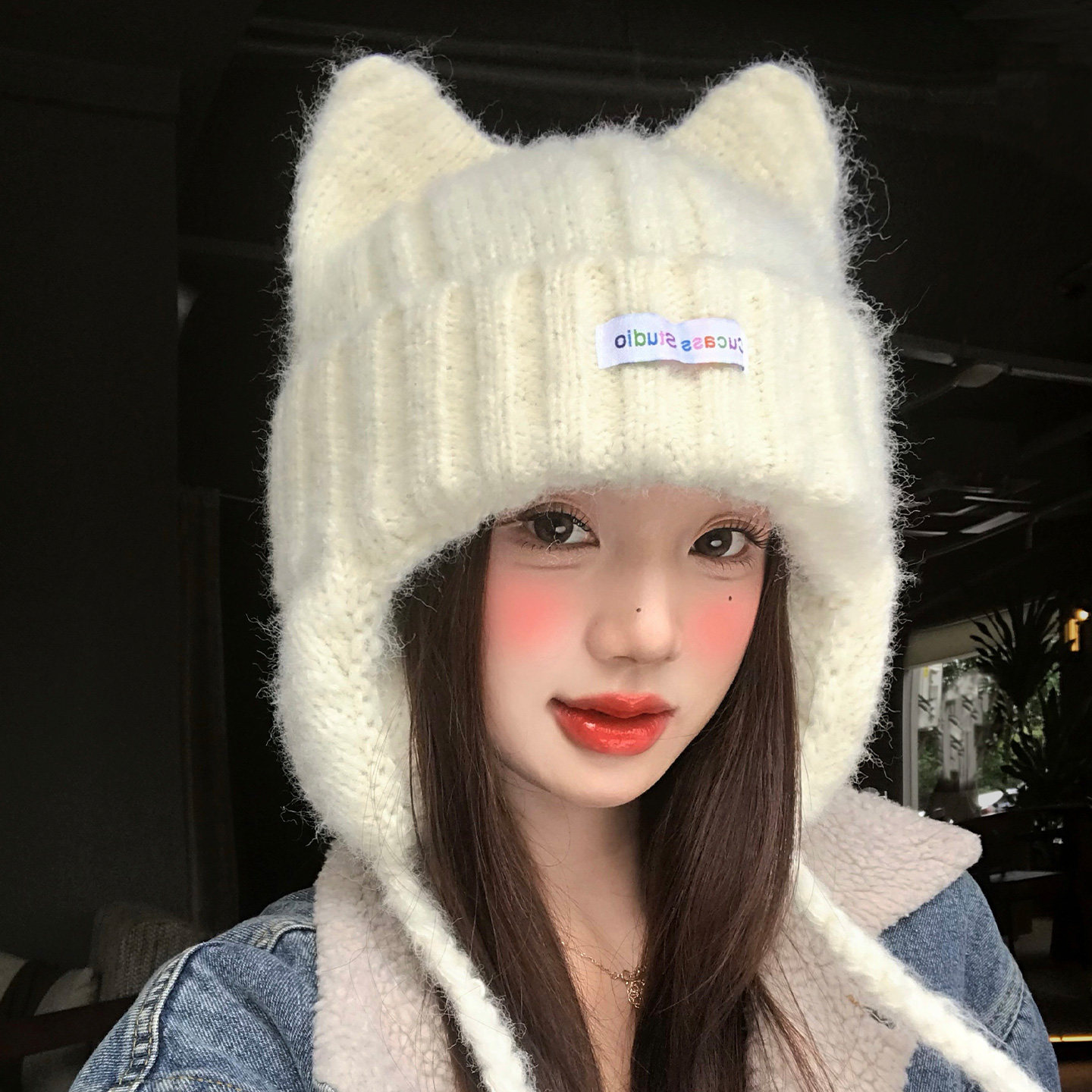 白色可爱猫耳朵毛线帽子女秋冬季保暖百搭显脸小护耳针织帽雷锋帽