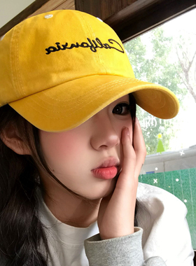 美式潮酷字母刺绣黄色棒球帽女款宽帽檐深顶大头围显脸小鸭舌帽子