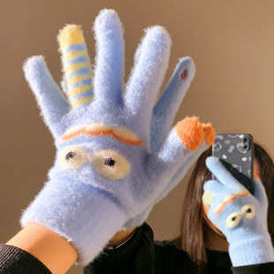 可爱怪兽露指触屏加厚毛绒针织手套女冬季 骑行车保暖学生加绒防寒