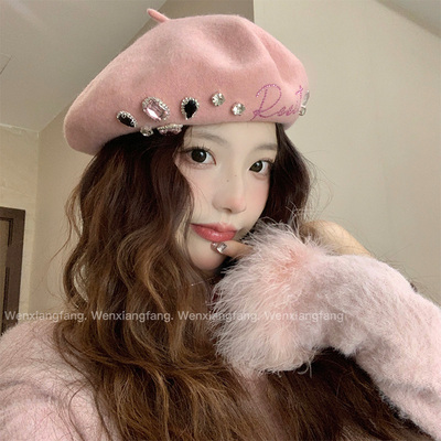 显脸小水钻毛呢贝雷帽