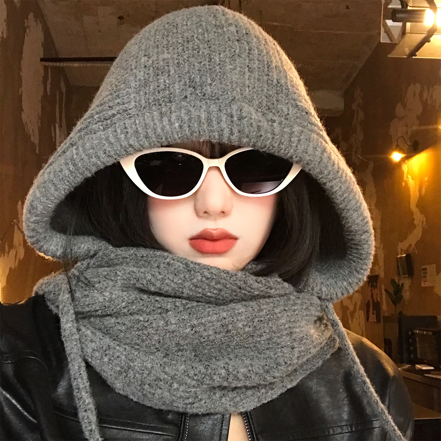灰色巴拉克拉法帽女秋冬针织帽子