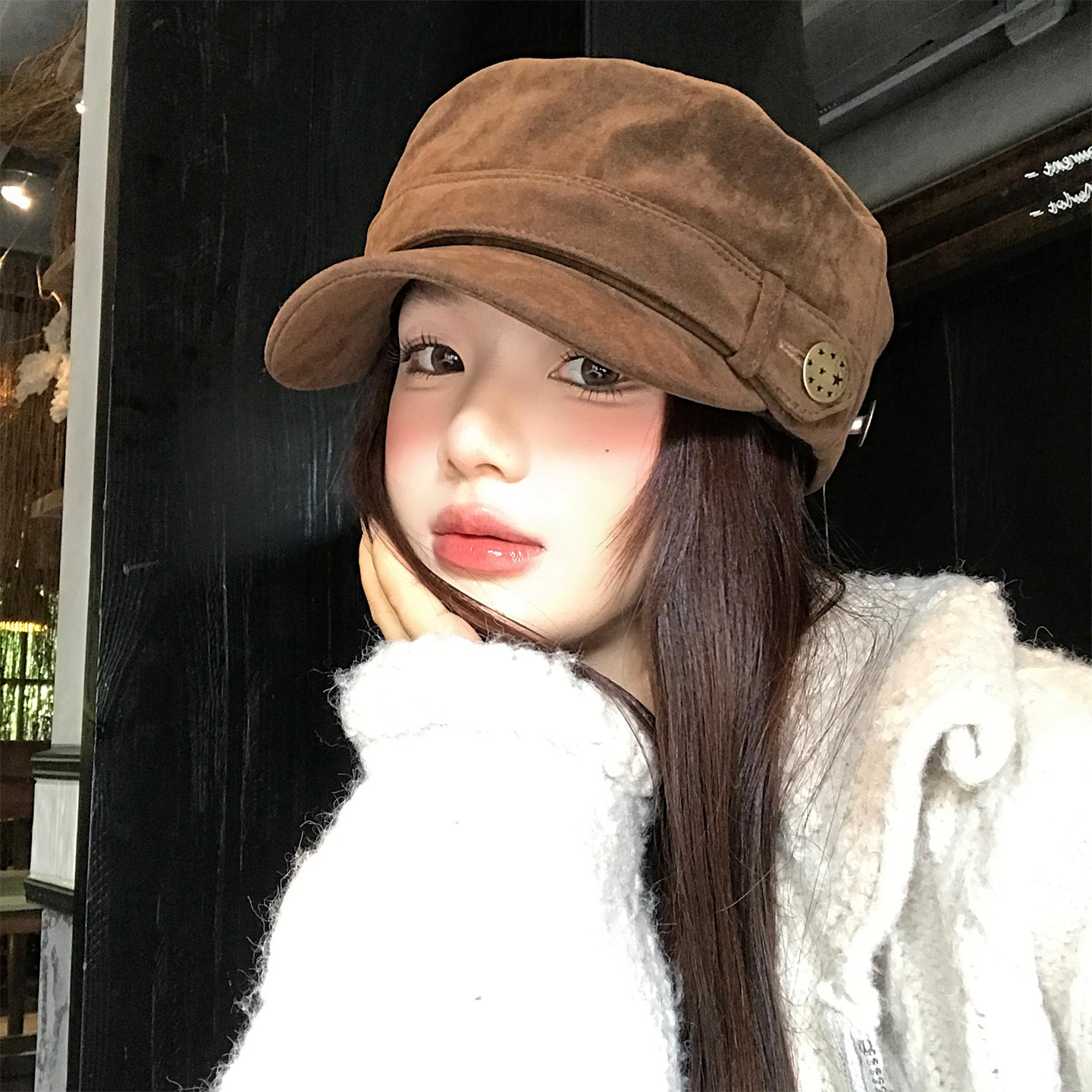 复古麂皮绒平顶贝雷帽女2025新款