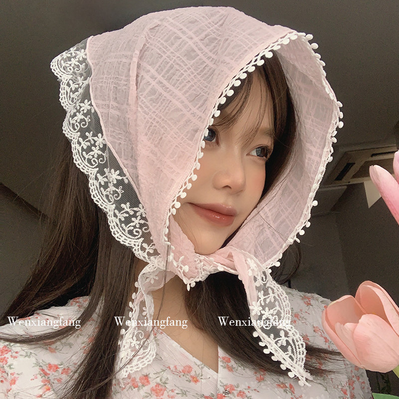 法式粉色蕾丝花朵头巾三角巾发带森系高级感绑包百搭头饰海边拍照