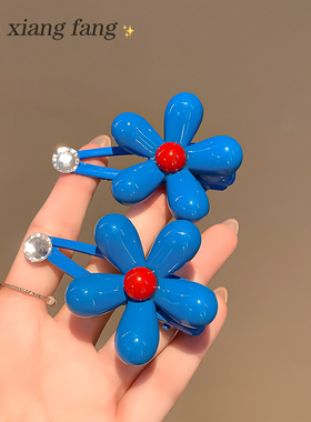 韩系蓝色花朵水钻发夹女边夹侧边刘海鸭嘴夹子高级感百搭夹子头饰