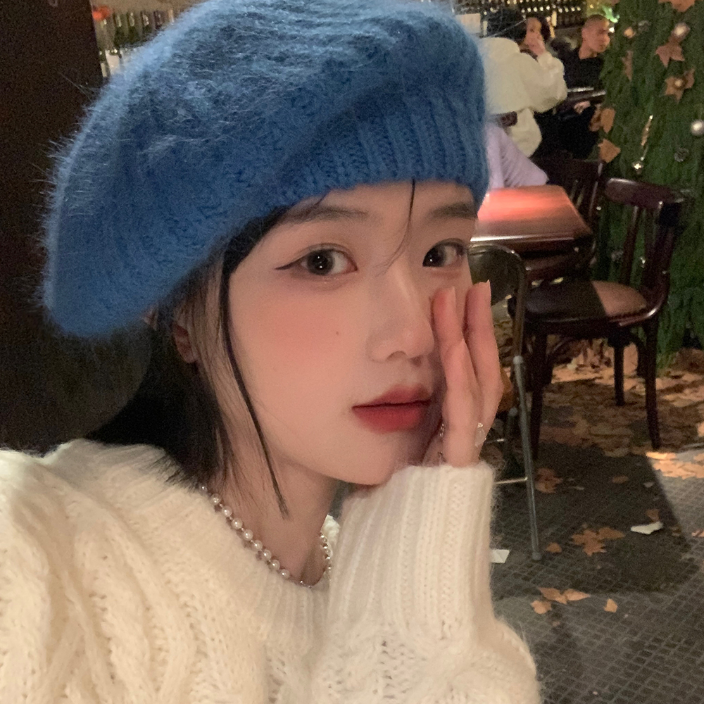 马海毛贝雷帽女冬季韩版大头围针织毛线蓓蕾画家帽蓝色显脸小帽子