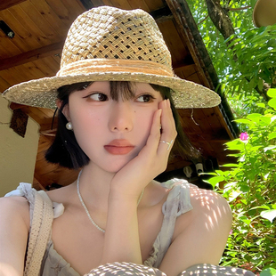復(fù)古巴拿馬鏤空草帽女夏老錢風(fēng)海邊度假遮陽(yáng)帽子大帽檐防曬太陽(yáng)帽