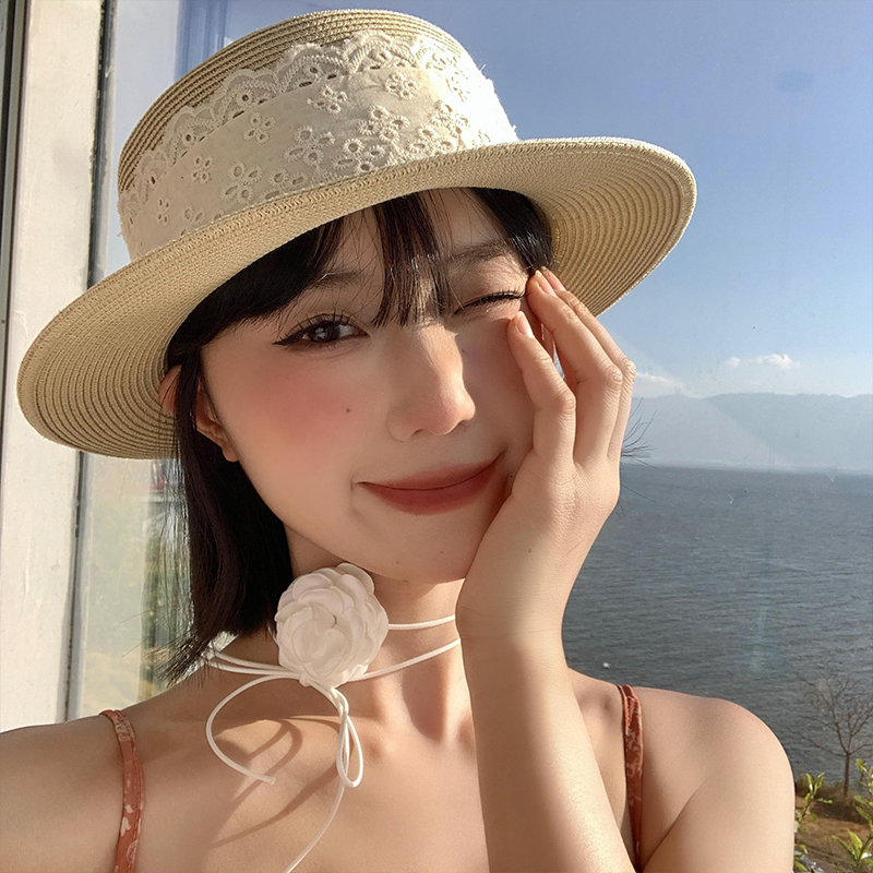 蕾丝编织平顶草帽女夏季海边度假沙滩遮阳防晒帽法式赫本风太阳帽
