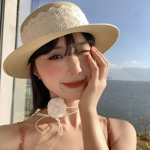 蕾丝编织平顶草帽女夏季海边度假