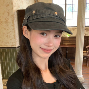 日系铆钉做旧水洗平顶贝雷帽女秋大头围显脸小鸭舌帽子文艺马术帽