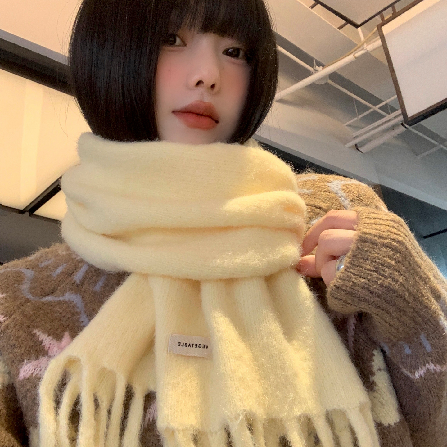 thumbnail for Korean atmosphere yellow soft waxy knitted scarf women's autumn and winter thickened fleece to keep warm and cold-proof student neck scarf